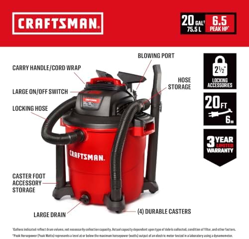 CRAFTSMAN CMXEVBE17596 20 Gallon 6.5 Peak HP Wet Dry Shop Vacuum