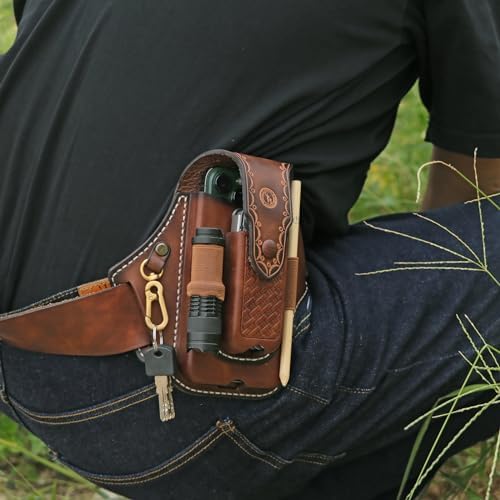 Leather Cell Phone Holster Case Multitool Sheath Flashlight Belt Pen Holder