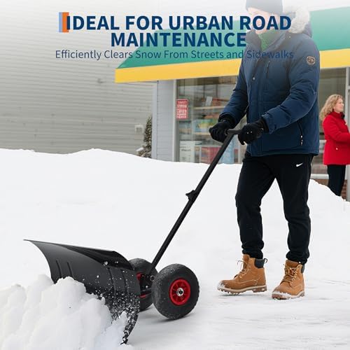 Garvee Heavy Duty Steel Snow Shovel Pusher with Wheels for Driveways, 29In Wide Push Snow Plow Shovel, Adjustable Handle, Angled Blade, Efficient Snow Removal for Easy Driveway & Pavement Clearing