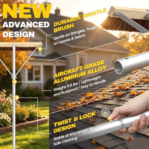Huracan Snow Roof Rake Year-Round, Leaf Roof Brush with Gloves, 5-21ft Adjustable Leaves Snow Removal Tool, Anti-Slip Handle Cleaning Brush Extension Aluminum Poles, for Shingles Solar Panels Cars