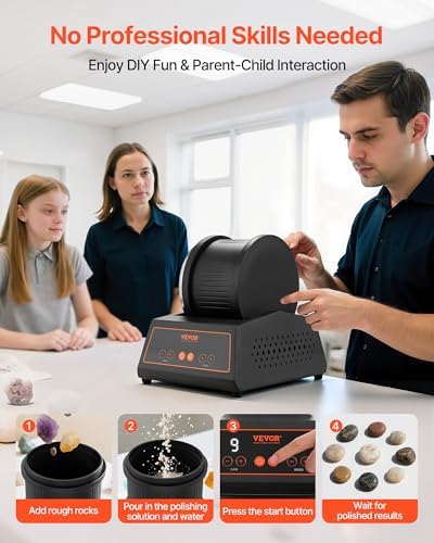 VEVOR Rock Tumbler Kit, 4lbs Rock Polishing Kit, 4 Speed Settings 9-Day Polishing Timer Stone Polishing Kit, Belt-Free Rock Polisher with Adapter & Overload Protection, Rock Polisher for Adults Kids