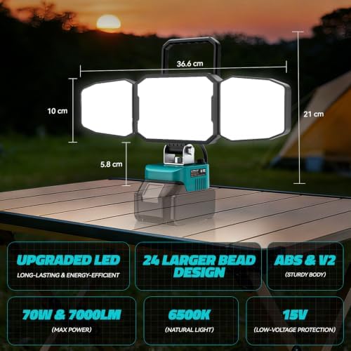 LED Work Light Compatible with MaKita 18V Battery, 150W 15000LM Flood Light, 6500K Daylight 3-Head Adjustable, USB Type-C&2 Brightness Modes Portable Flashlight Job Site Light (Tool Only)