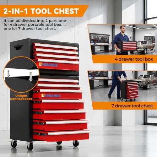 LARBANKE 11-Drawer Rolling Tool Chest with Wheels&Locks, Red Tool Cabinet