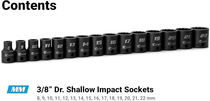 Capri Tools 3/8 in. Drive Shallow Impact Socket Set, 12-Point, Metric, 8 to 22 mm, 15-Piece