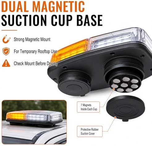 Xprite White Amber COB LED Rooftop Strobe Beacon Light, 12V Magnetic Base Caution Lightbar with 19 Flash Patterns for Construction Towing Snow Plow Pickup Work Trucks Cars
