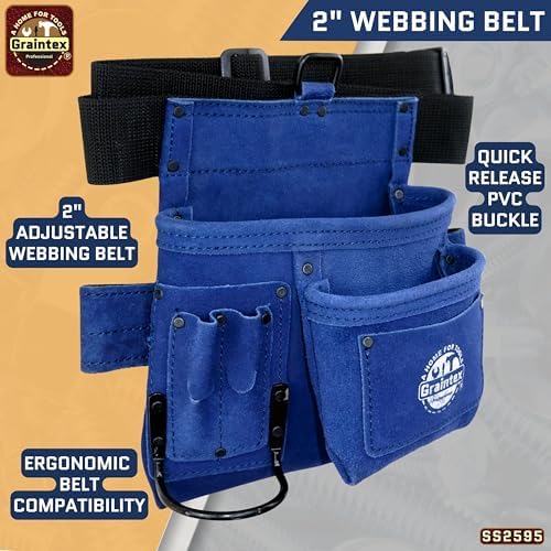 Graintex 5 Pocket Suede Leather Tool Belt/Bag, Multipurpose Leather Tool Belt for Women and Men, Ideal for Construction, Electrician, Handymen, Carpenter, Gardening Pouch & DIY Projects