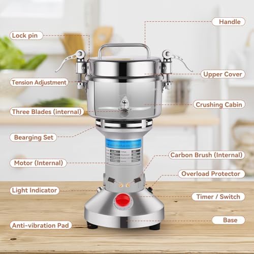 Grain Mill, 2000W High-Speed 750g 304 Stainless Steel grain mill for flour & Professional Spice Grinder for Kitchen Coffee Shop - Grinds Grains, Coffee, Dry Spices, Easy Operation