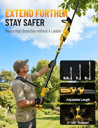 4-IN-1 Electric Pruning Shears+Pole Hedge Trimmer Combo, Hedge and Grass Trimmer Cordless & Tree Pruner with Extension Pole for Shrubs, Bushes, Max 15Ft Reach, Compatible with Dewalt Battery
