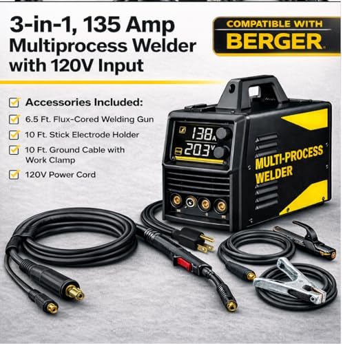 NEW! 135 Amp 3-in-1 Multiprocess Welder, 120V Input, Flux Core/TIG/Stick Modes Compatible with BERGER Welding Systems, CSA Certified