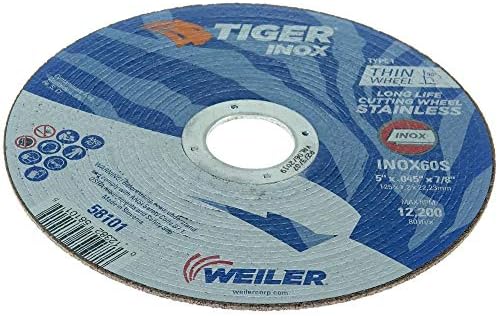 Weiler 58101 5 Inch Cutting Wheel, Tiger Inox Stainless Steel Contaminant-free High Performance Cutting, .045" INOX60S Type 1 7/8" Arbor, Pack of 25