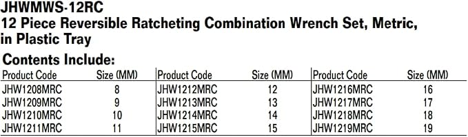 Williams MWS-12RC 12-Piece Metric Reversible Ratcheting Combination Wrench Set