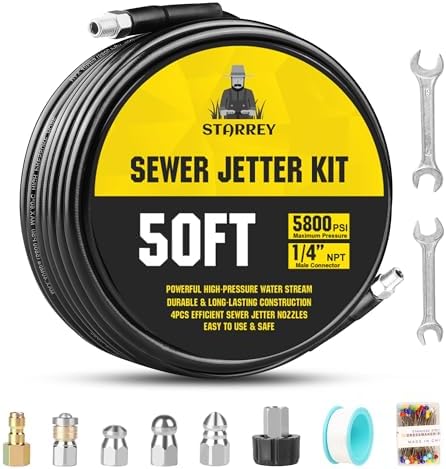 Pressure Washer Drain Jetter – Sewer Jetter Kit for Pressure Washer 50ft 1/4 Inch NPT Hose Nozzles and Adapter 5800PSI Clears Clogs in Pipes & Sewer Lines