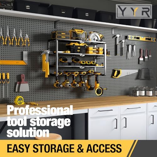 YYR 4 Layer Power Tool Organizer Wall Mount, Cordless Drill Hanger Storage Rack, Battery Tools Holder with Charging Station Shelf for Garage Organization, Workshop, Pegboard, Shed - 24 Inch 6 Slots