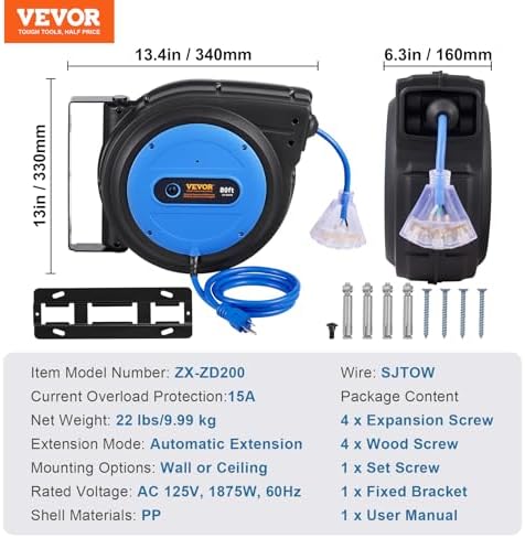 VEVOR 80FT Retractable Extension Cord Reel, Heavy Duty 12AWG/3C SJTOW Cord