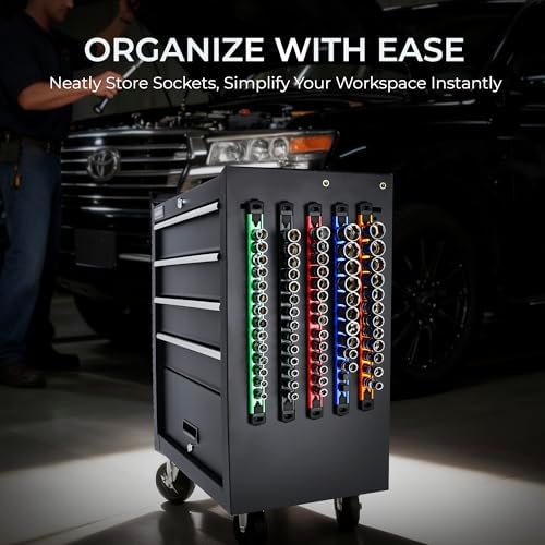 Reniteco Magnetic Socket Organizer Set, 9-Piece 1/4” 3/8” 1/2” Socket Rails | 120-Clip: 1/4" Rail-42 Clips, 3/8" Rail-42 Clips, 1/2" Rail-36 Clips, Heavy-Duty Aluminum Alloy Rails, Drawer or Wall Mount