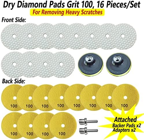 16 Packs Dry Diamond Polishing Pads Grit 100, 4 Inch Dry/Wet Granite Sanding Pad for Bufffing Marble Quartz Concrete Stone Tiles Used for Grinder Polisher Drill