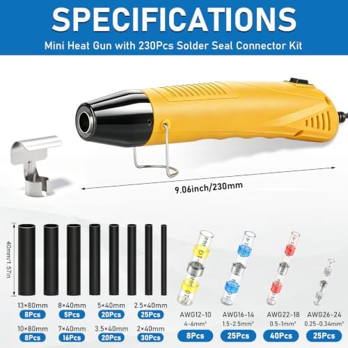 230Pcs Solder Seal Wire Connectors with Mini Heat Gun Kit, Solder Stick Wire Connectors & Heat Shrink Tubing Waterproof and Insulated Electrical Wire Terminals for Marine, Automotive