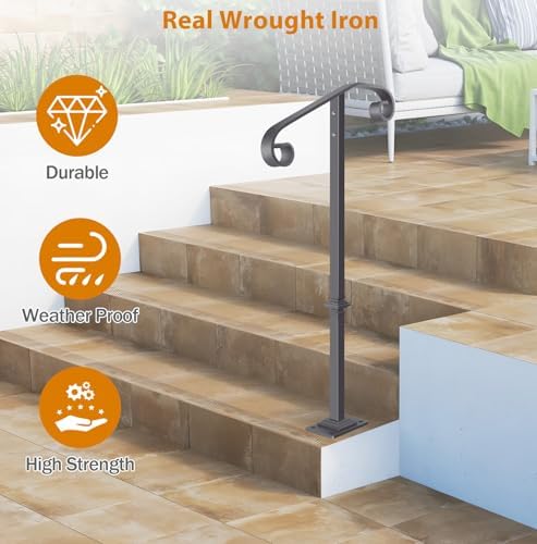 Wrought Iron Handrail 38.8" H, Single Post Handrail Fits 1 or 2 Steps | Sturdy Outdoor Stair Railing for Concrete&Wooden Steps with Base, Stair Handrails, Grab Rail for Steps Porch, Gray
