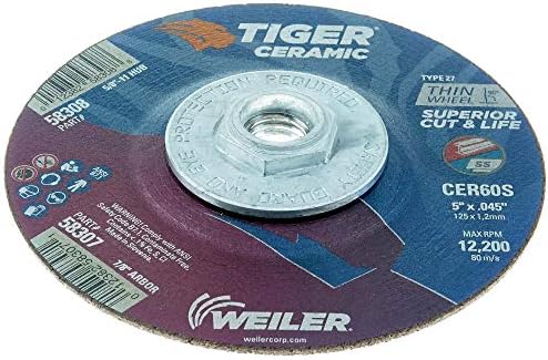 Weiler 58308 5 Inch Cutting Wheel, Tiger Ceramic Stainless Steel Superior Life & Cut Contaminant Free Max Performance Cutting, .045" CER60S Type 27 5/8"-11 Hub, Pack of 10