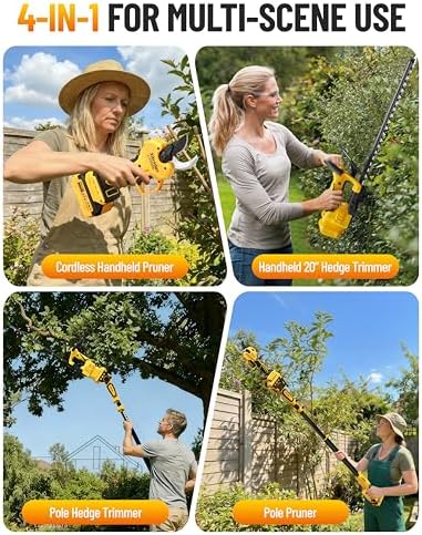 4-IN-1 Electric Pruning Shears+Pole Hedge Trimmer Combo, Hedge and Grass Trimmer Cordless & Tree Pruner with Extension Pole for Shrubs, Bushes, Max 15Ft Reach, Compatible with Dewalt Battery
