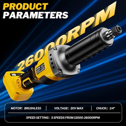 1100W Brushless Braking Die Grinder Compatible with Dewalt Battery, 3 Level Variable Speed Up to 26000RPM, 1/4" Precision Drill Chuck for Grinding, Polishing, Drilling (Batteries Not Included)