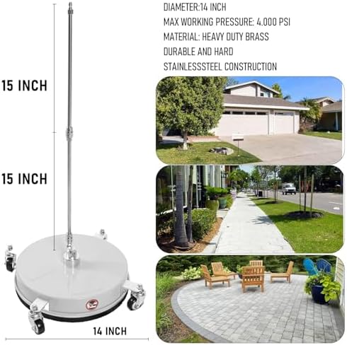 14" Pressure Washer Surface Cleaner with 4 Wheels, Stainless Steel Power Washer Surface Cleaner for Driveways Sidewalks Patios, 1/4" Quick Connector, 2 Extension Wand, 4000 PSI