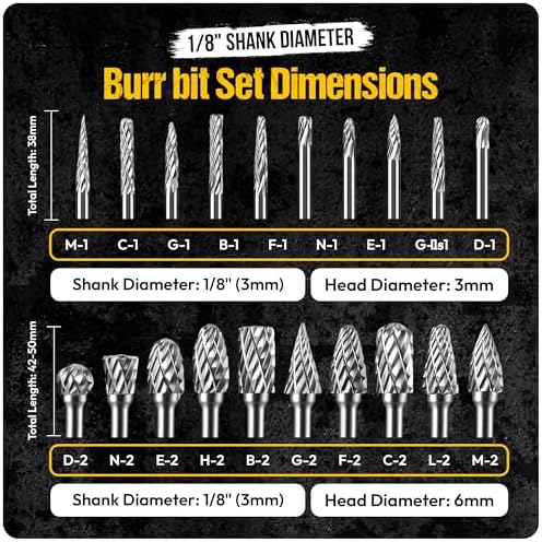 20Pcs Carbide Burr Set - 1/8" Shank Tungsten Die Grinder Bits, Double Cut - Compatible with Dremel & Milwaukee - Cutting, Engraving, Deburring - Rasp Accessories - Metal, Steel, Aluminum