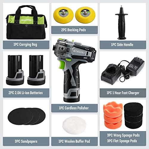 WORKPRO 12V Cordless Mini Polisher Kit, 3" Buffer & Sander
