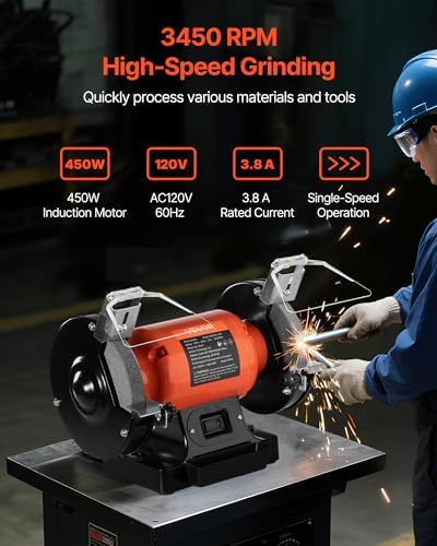 VEVOR Bench Grinder, 6-in Single Speed, 3450RPM High-Speed Table Grinders with 450W 3.8A 3/5Hp Induction Motor, 36/60-Grit Grinding Wheel & Adjustable Eye Shield for Fast Sharpening Grinding