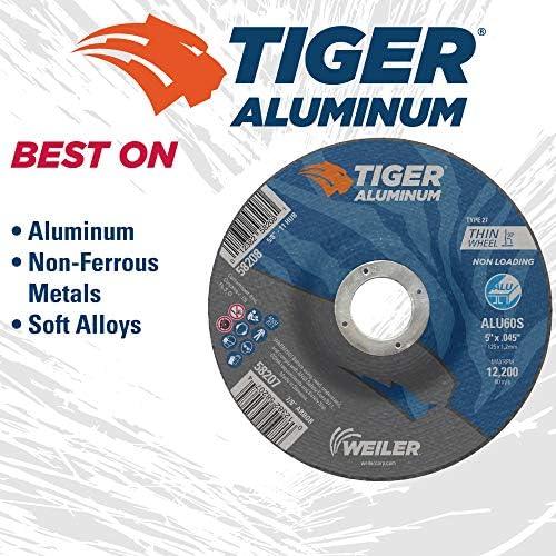 Weiler 58207 5 Inch Cutting Wheel, Tiger Aluminum Non-loading Contaminant-free High Performance Cutting, .045" ALU60S Type 27 7/8" Arbor, Pack of 25