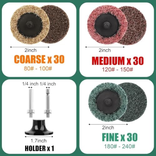 90pcs 2 inch Quick Change Sanding Discs, Nylon Surface Conditioning Discs, 1/4" Roll Lock Holder Die Grinder Sanding Disc for Surface Strip Grind Polish Burr Finish-Fine Medium Coarse