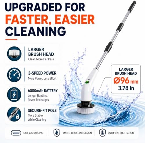 PPLEE Electric Spin Scrubber, Cordless Spin Scrubber, 3 Speeds, Long Handle