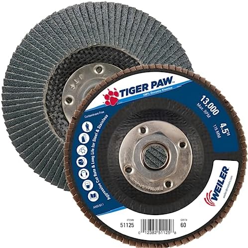 Weiler 51125 4-1/2" Tiger Paw Abrasive Flap Disc, Conical (Ty29), Phenolic Backing, 60Z, 5/8"-11 Unc Nut (Pack of 10)