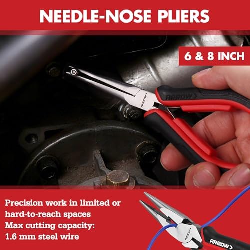 ARROW 8-Piece Pliers and Wrench Set, Pliers Kit with Roll-Up Pouch | 12"/10"/8" Groove Joint Pliers, 8" & 6" Long Needle Nose, 8" Linesman, 6" Slip Joint, 8" Adjustable Wrench, TPR Handles
