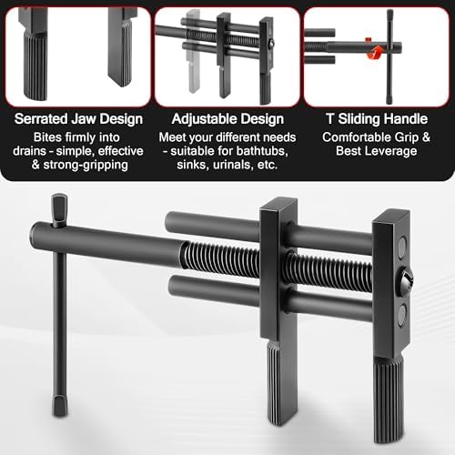 Adjustable T Handle Tub Drain Wrench Strong Grip for 0.7-3.7 inch Drains Removes Old, Broken, Stubborn Bath & Shower Drains & Closet Spuds Strong Applicability Essential Plumbing