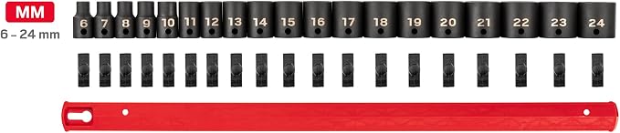 TEKTON 3/8 Inch Drive Impact Socket Set, 19-Piece | SID91106 | (6 - 24 mm), Shallow, 6-Point, Socket Rail