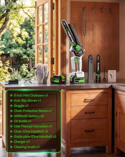 CEEPUY 8 Inch Brushless Mini Chainsaw with 2×4000mAh Batteries, Battery Powered Handheld Electric Chainsaw with Automatic Oiler/Safety Lock, Ideal for Tree Pruning, Branch Trimming & Wood Cutting