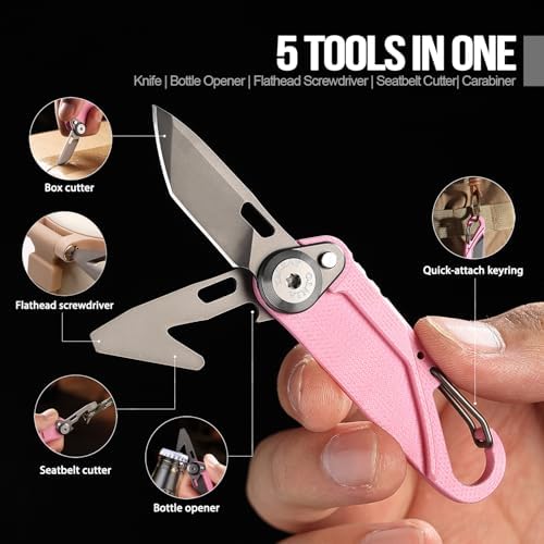 TACRAY Vinto 5-in-1 Keychain Multitool Mini Pocket Knife, 1.5" Blade, Pink