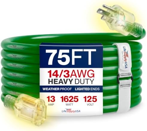 75ft Outdoor/Indoor Extension Cord 14/3 Gauge Heavy Duty 3 Prong SJTW, Waterproof, Flexible Cold-Resistant Long Power Cord,13A 125V 1625W, Green by LifeSupplyUSA