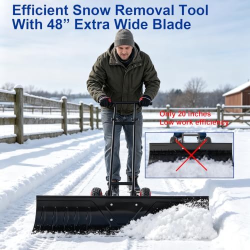 Garvee 48in Heavy-Duty Snow Pusher Hand Plow for Snow Removal w/Wheels, Adjustable Handle, Blade Angle,U-Shaped Handle,Large Blade for Efficient Snow Removal-Black