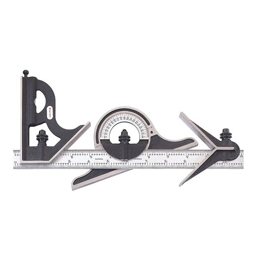 Starrett Combination Set with Square, Center and Non-Reversible Protractor Head and Blade - 12" Blade Length, Cast Iron Heads, Hardened Steel, 4R Graduation Type - C9-12-4R