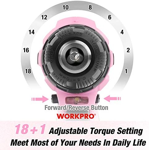 WORKPRO 12V Pink Cordless Drill Driver and Home Tool Kit, Hand Tool Set for DIY, Home Maintenance, 14-inch Storage Bag Included - Pink Ribbon
