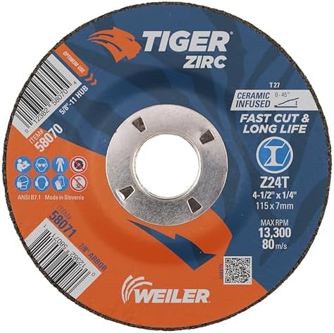 Weiler 58071 4-1/2" x 1/4" Tiger Zirc Type 27 Grinding Wheel, Z24T, 7/8" A.H. (Pack of 10)