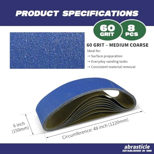 8 Pack 6 x 48 Inch Zirconia Sanding Belts, 60 Grit Heavy Duty Belt Sander Paper, Fits Belt Sander & Bench Sander for Professional Woodworking, Metal Polishing and Surface Refinishing