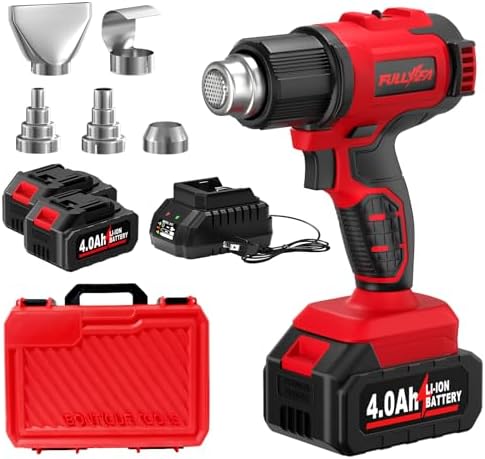 FULLYEA 21V Cordless Heat Gun, 572℉-1022°F, with 5 Nozzles & Portable Case