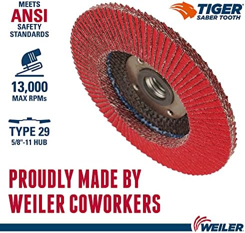 Weiler 50104 Saber Tooth 5/8"-11 Arbor, 4-1/2" Diameter, 36 Grit, Ceramic, Phenolic Backing, Angled Abrasive Flap Disc (Pack of 10)