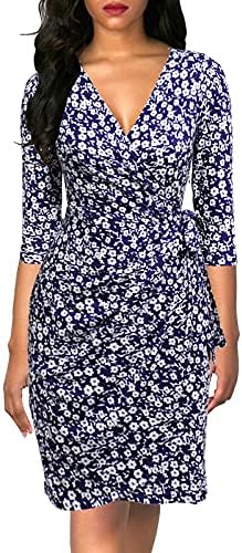 Berydress Women's 3/4 Sleeve V Neck Casual Party Work Faux Black Wrap Dress