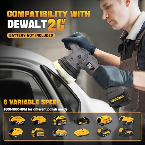 VERVEWAVE Cordless Buffer Polisher Kit for Dewalt 20V Battery (No Battery), 6-Inch Orbital Car Polisher Variable Speed 1800—5500 RPM, 17PCS Polishing Accessories, for Car Polishing/Waxing (Tool Only)