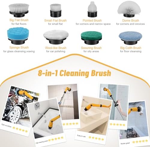 Qimedo 1500 RPM Electric Spin Scrubber with Two Batteries Q2 Pro, Cordless Battery Powered Shower Scrubber,Electric Tile Floor Scrubber with Display for Grout/Tile/Tub (Effortless Handle/8 Brushes)