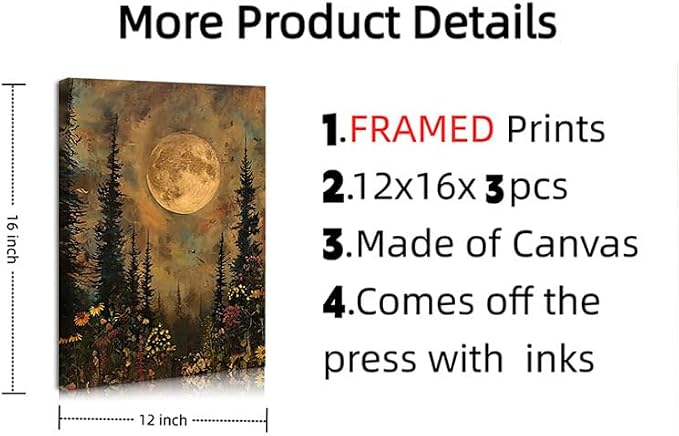 Frimeeme Vintage Moon Forest Wall Art Set of 3,Canvas Print Set Wildflower Pine Trees Rustic Nature Decor for Farmhouse Bedroom Living Room Aesthetic, 12x16 inches